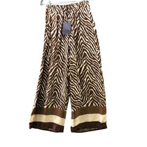 NWT Cecile Wang France Silk Blend Pants Womens S/M Brown Animal Print Wide Leg